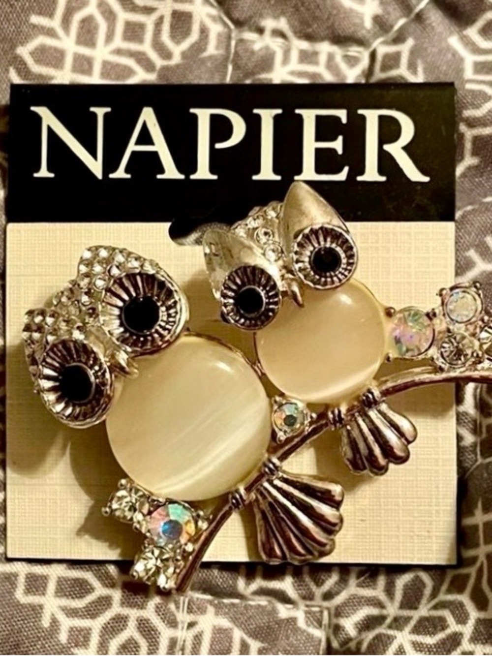Napier Silver Tone Owl Brooch with Crystal Accents